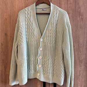 Zara Mint Green Patchwork Cable Knit Cardigan Oversized Chunky Sweater